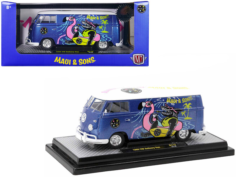 1960 Volkswagen Delivery Van Blue Metallic with White Top Maui and Sons Limited Edition to 6550 pieces Worldwide 1/24 Diecast Model Car by M2 Machines