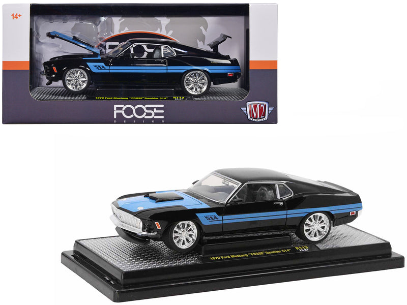 1970 Ford Mustang Gambler 514 Black with Blue Stripes "Foose" Limited Edition to 6650 pieces Worldwide 1/24 Diecast Model Car by M2 Machines