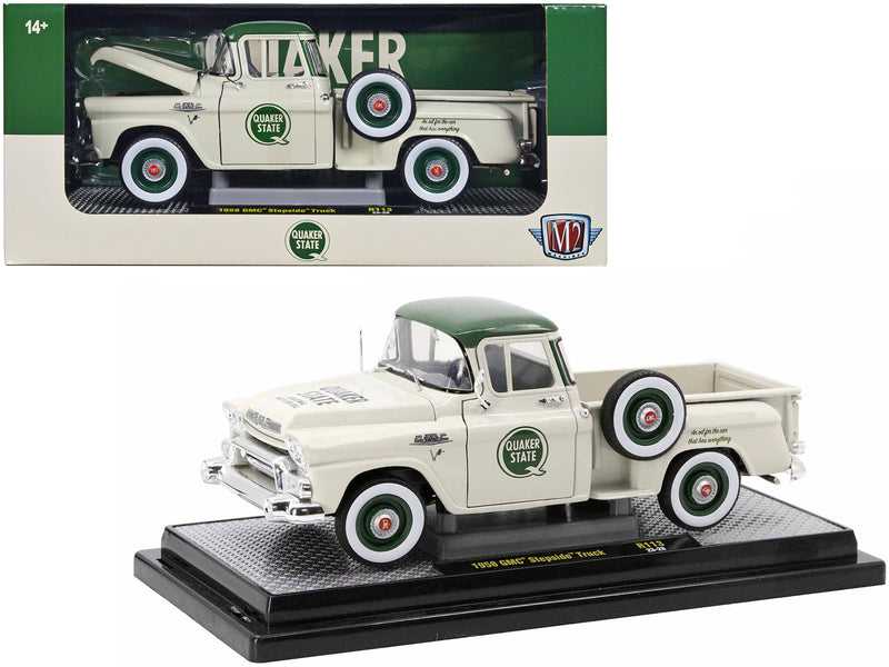 1958 GMC Stepside Pickup Truck Light Beige with Green Top Quaker State Limited Edition to 6650 pieces Worldwide 1/24 Diecast Model Car by M2 Machines