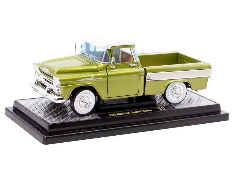 1958 Chevrolet Apache Cameo Pickup Truck Olive Green Metallic with Wimbledon White Top Limited Edition to 6250 pieces Worldwide 1/24 Diecast Model Car by M2 Machines