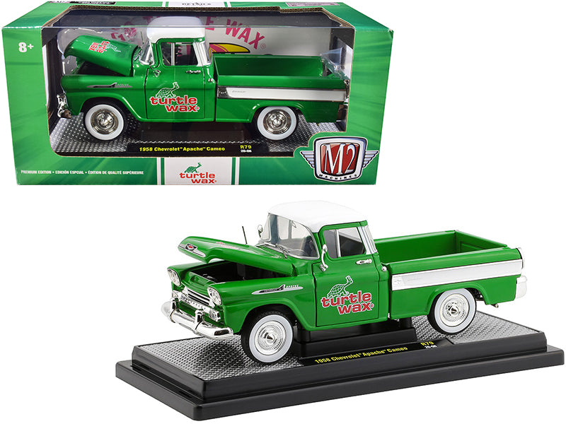 1958 Chevrolet Apache Cameo Pickup Truck Green with White Top and White Stripes Turtle Wax Limited Edition to 6880 pieces Worldwide 1/24 Diecast Model Car by M2 Machines