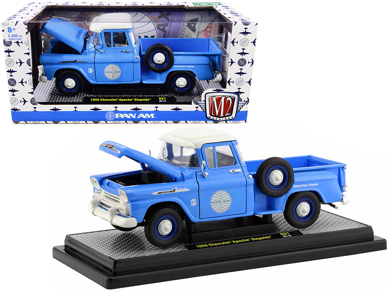 1958 Chevrolet Apache Stepside Pickup Truck Pan Am Ground Crew Light Blue with White Top Limited Edition to 6880 pieces Worldwide 1/24 Diecast Model Car by M2 Machines