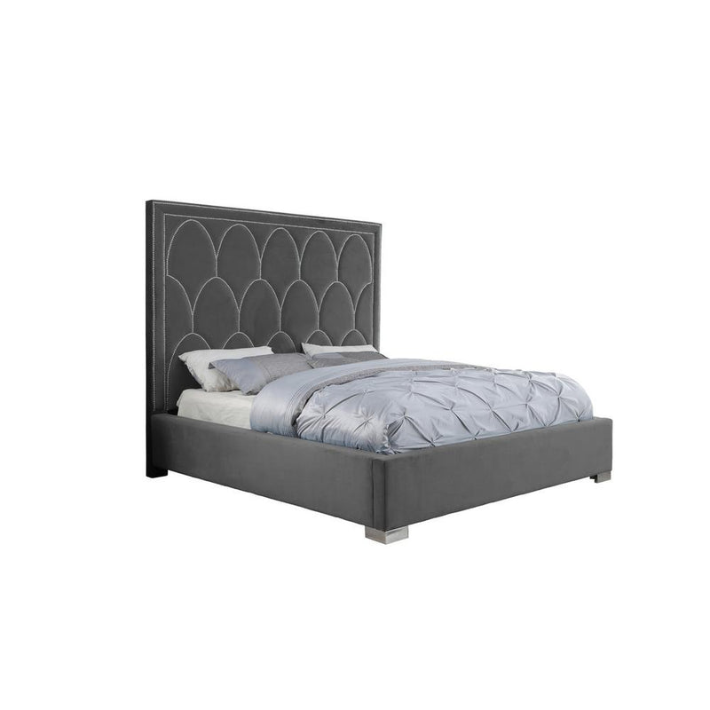 Dark Grey Panel Bed in Velvet Fabric w/ Nailhead - Eastern King