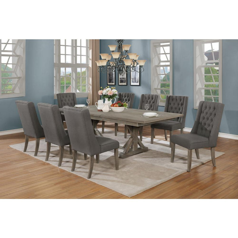 Classic Extension Dining 9 Piece Set w/18"Center Leaf, 8 Tufted Chairs in Dark Grey Linen