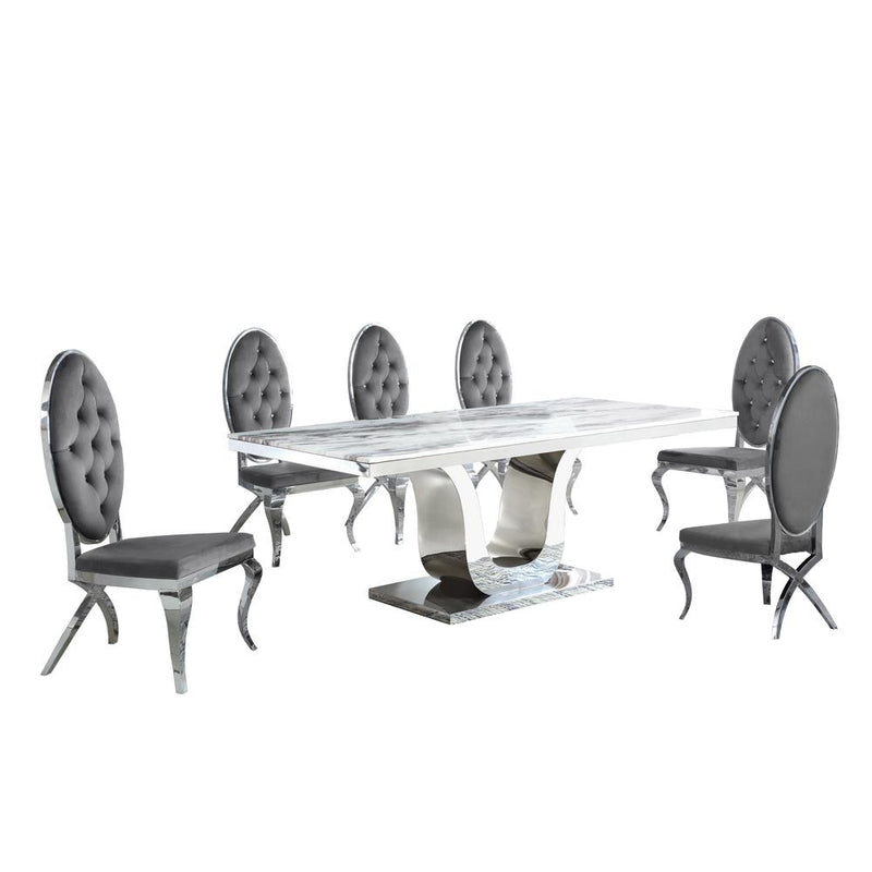 White Marble 7pc Set Tufted Faux Crystal Chairs in Dark Grey Velvet