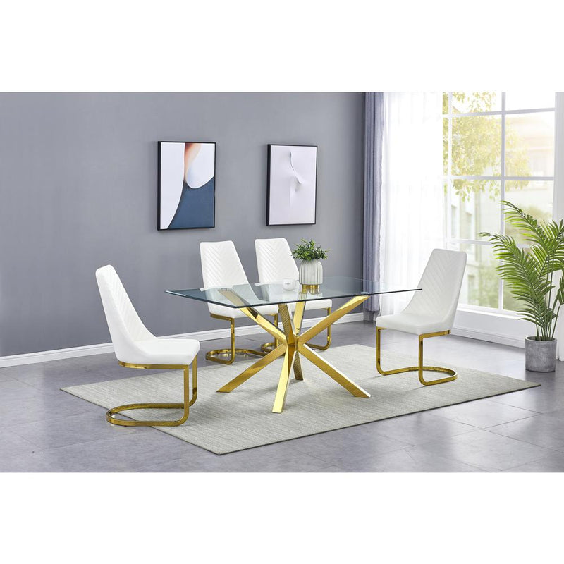 Rectangular Tempered Glass 5pc Gold Set Chrome Chairs in White Faux Leather