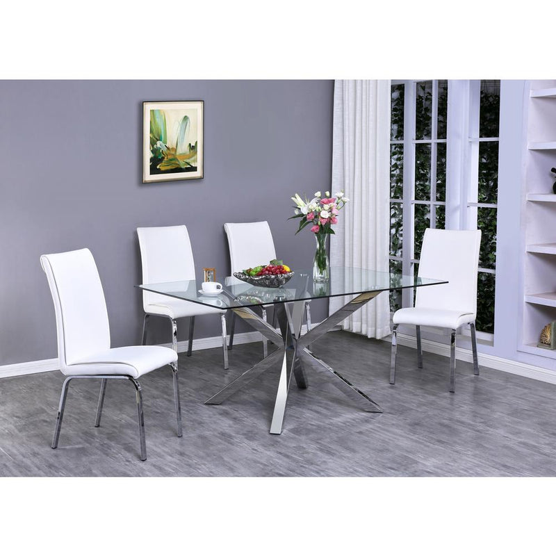 Classic 5pc Dining Set with Glass Top Dining Table and Faux Leather Side Chairs. White.