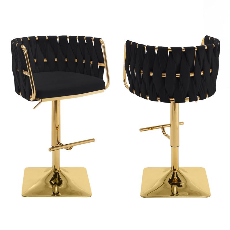 Velvet upholstered barstool in Black fabric and gold color base (SET OF 2)