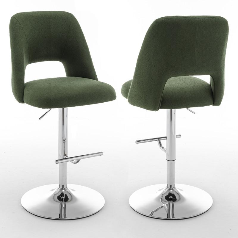 Boucle fabric upholstered barstool with a green seat and silver base (SET OF 2)