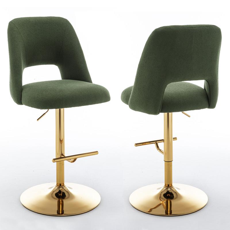 Boucle fabric upholstered barstool with a green seat and gold base (SET OF 2)