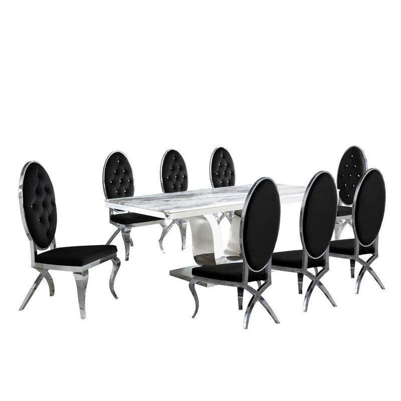 White Marble 9pc Set Tufted Faux Crystal Chairs in Black Velvet