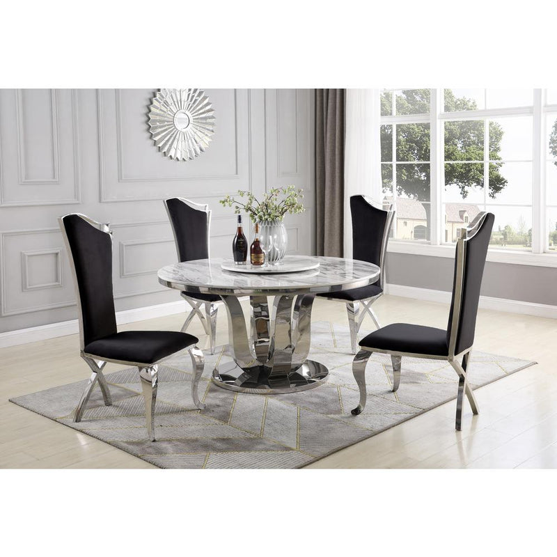 White Lazy-Susan Dining Set, Round Marble Table with Navy Blue Velvet Chairs