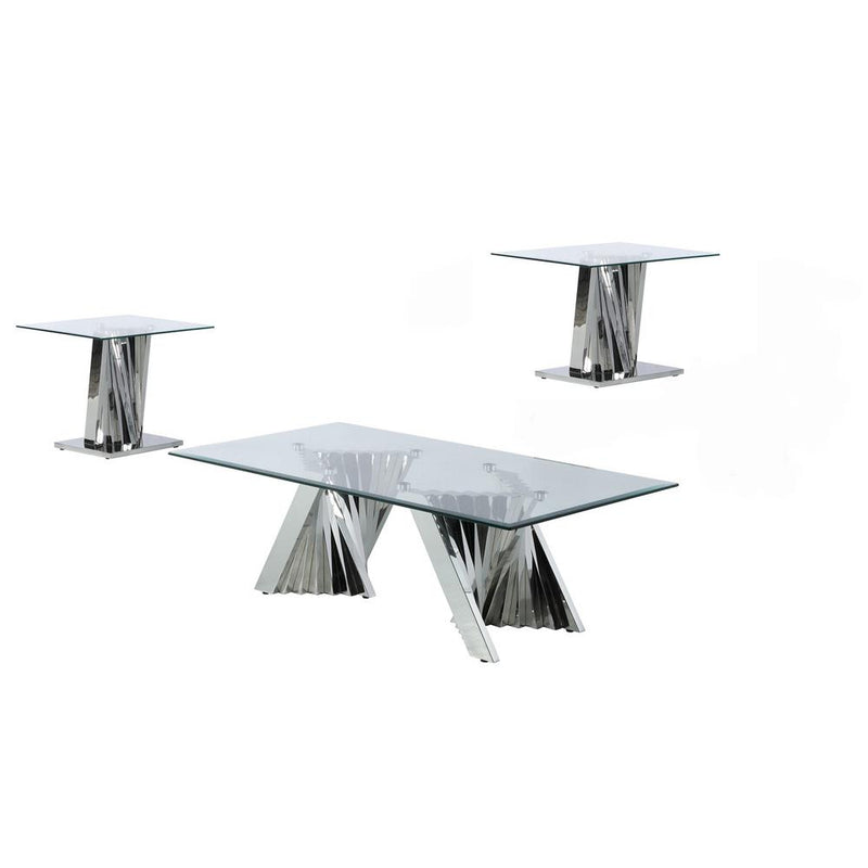 Glass Coffee Table Sets: Coffee Table and 2 End Tables with Stainless Steel Base