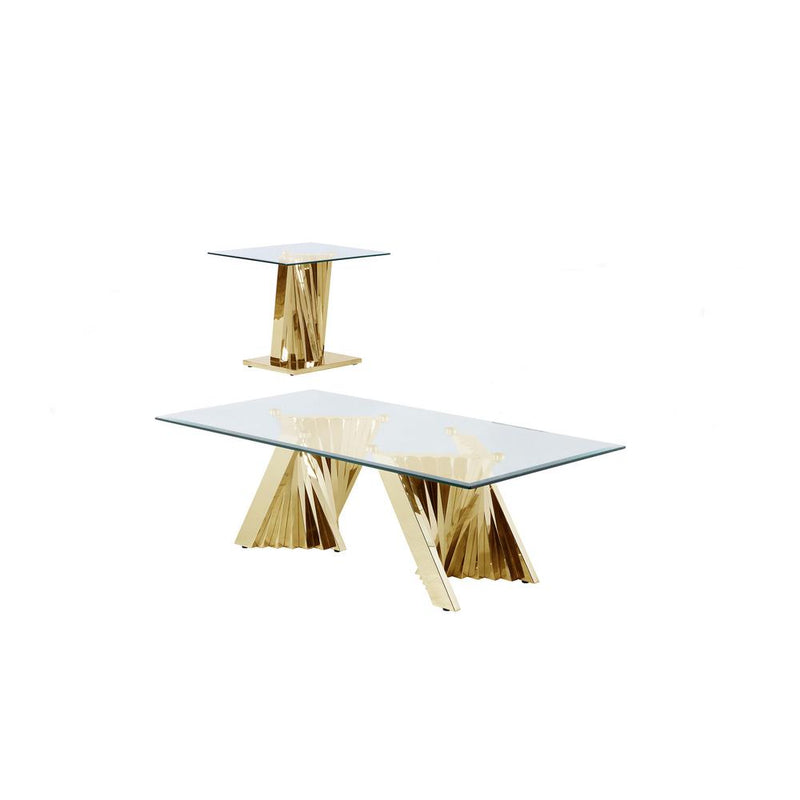 Glass Coffee Table Sets: Coffee Table and End Table with Stainless Steel Gold Base