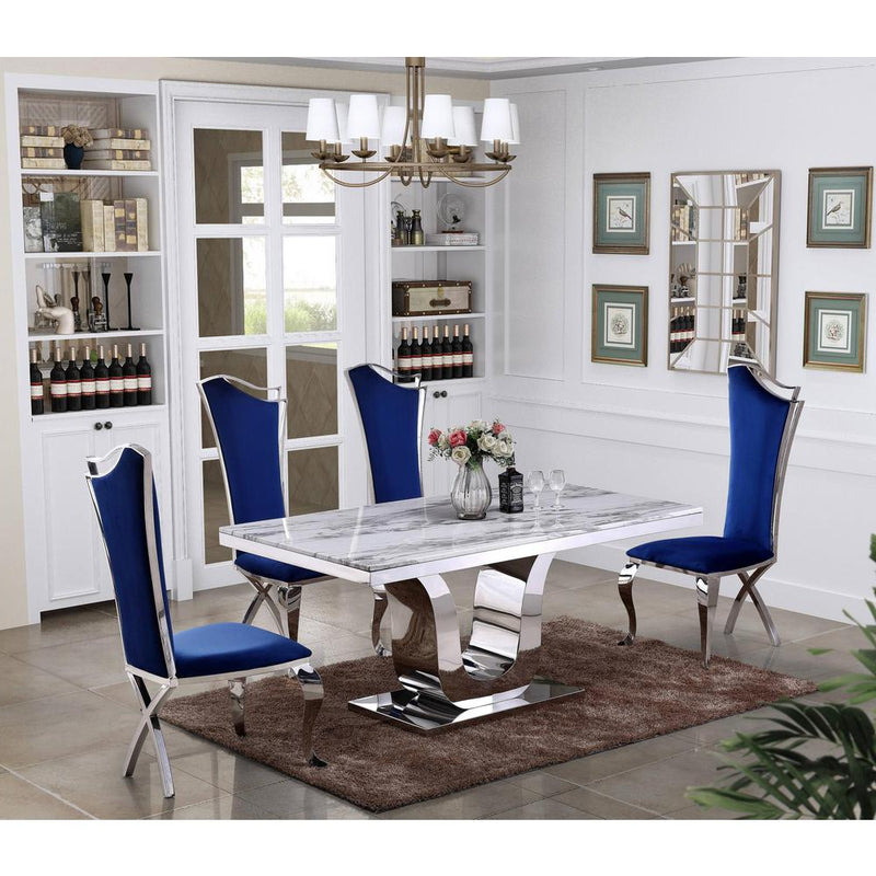 White Marble 5pc Set Non-Tufted Stainless Steel Chairs in Navy Blue Velvet