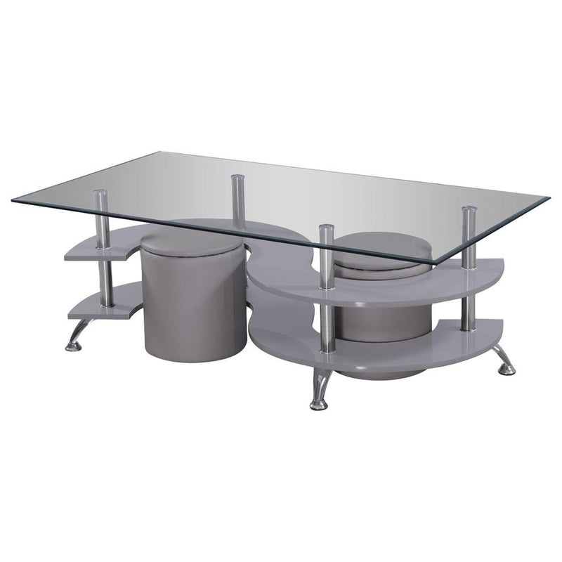 High Gloss Lacquer Coffee Table with Glass Top, Faux Leather Stools, and Stool Storage, Gray