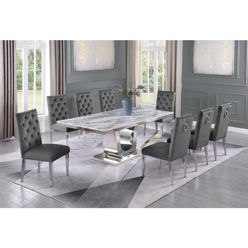 White Marble 9pc Set Tufted Ring Chairs in Dark Grey Velvet