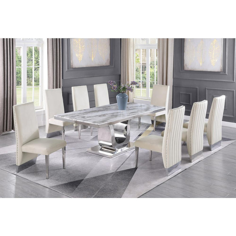 White Marble 9pc Set Pleated Chairs in Beige Velvet