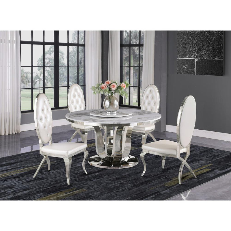 White Marble Lazy-Susan Dining Set Tufted Faux Crystal Chairs in White Faux Leather