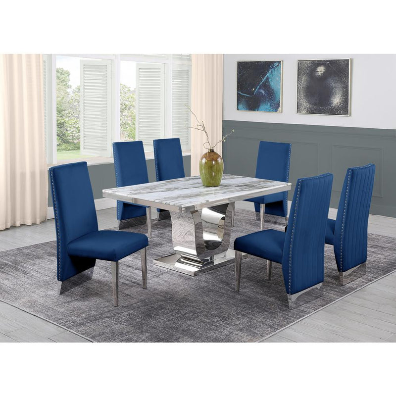 White Marble 7pc Set Pleated Chairs in Navy Blue Velvet