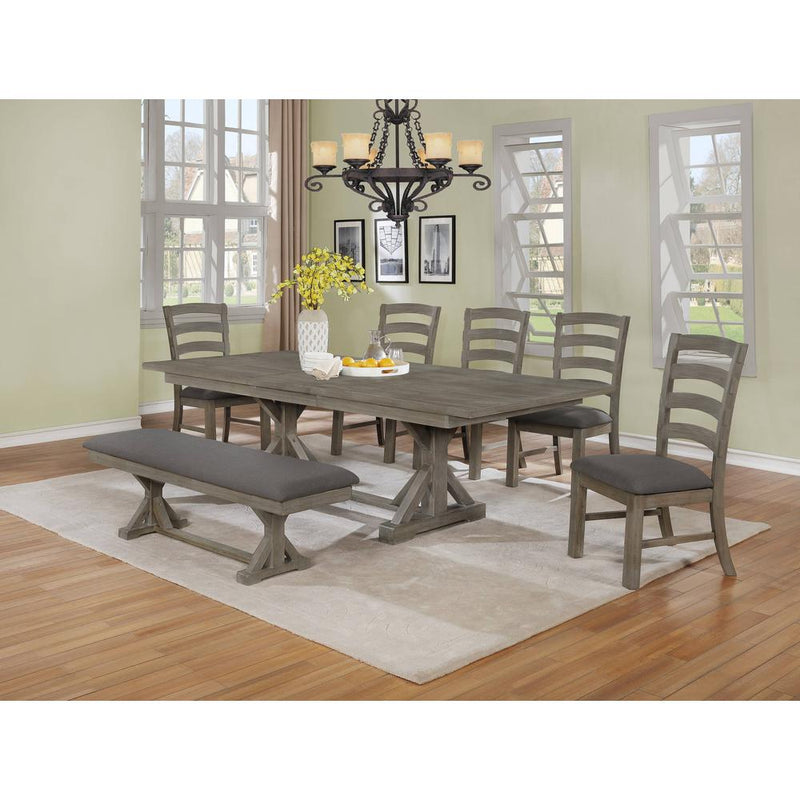 Classic 7pc Dining Set with Extendable Dining table with 18" Leaf, Wood and Linen Side Chairs, Upholstered Bench, Gray