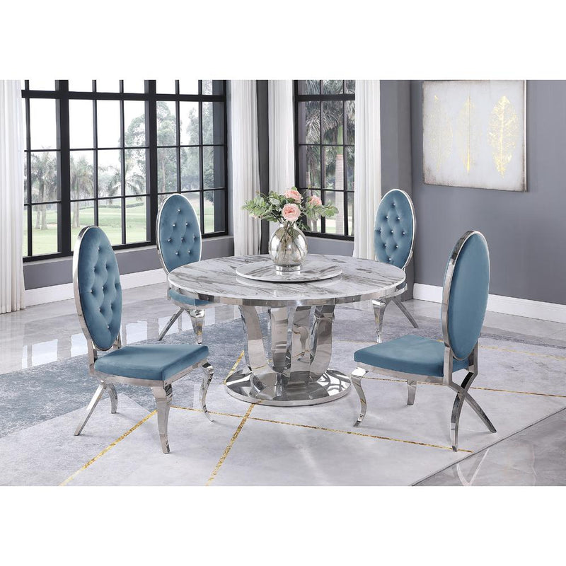 White Marble Lazy-Susan Dining Set Tufted Faux Crystal Chairs in Teal Velvet