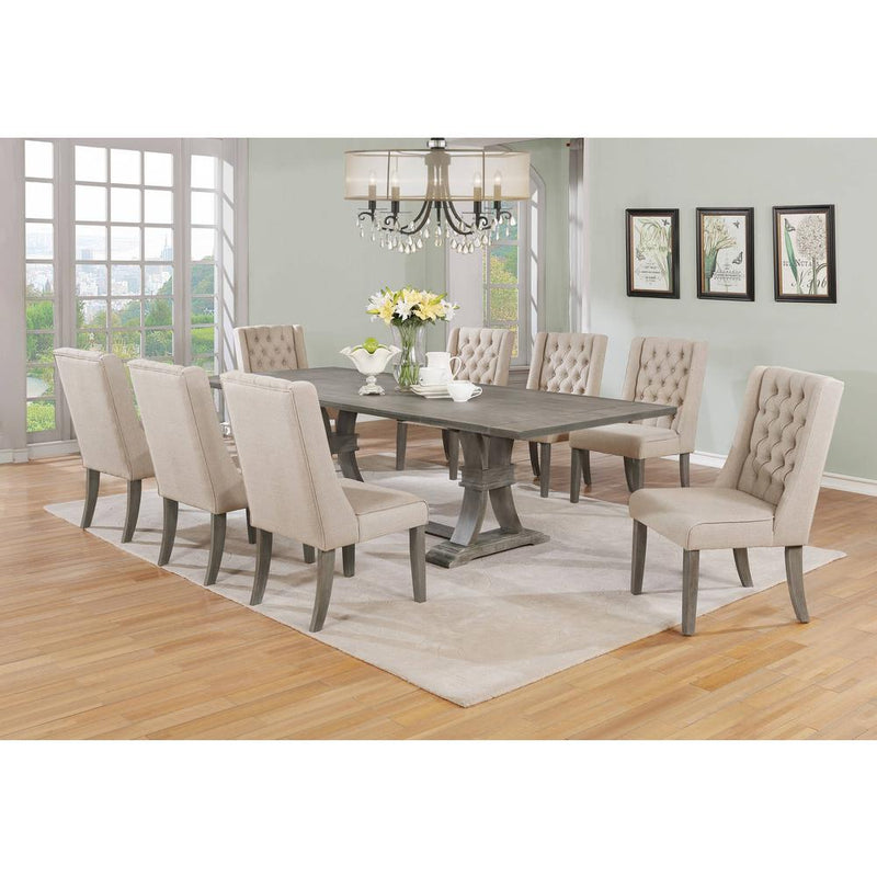 Classic 9pc Dining Set with Extendable Dining Table with Two 16" Leafs and Upholstered Chairs with Tufted Buttons. Beige