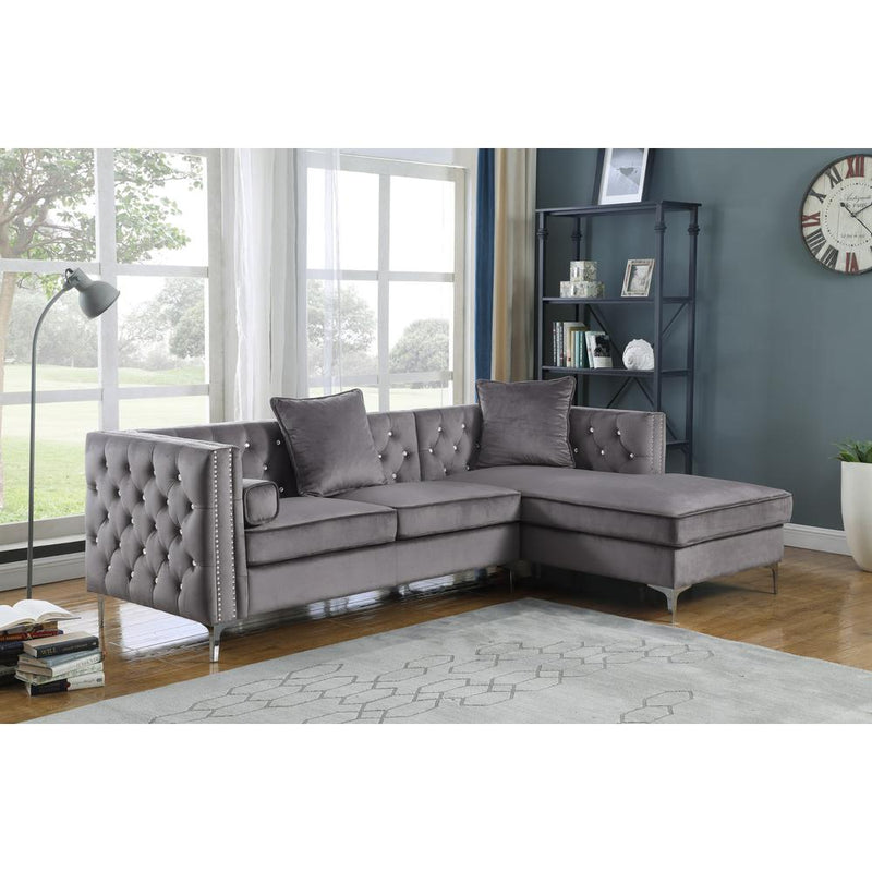 Dark Gray Velvet L-Shaped Tufted Faux Crystal Sofa & Chaise