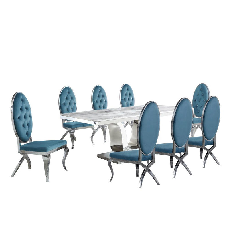 White Marble 9pc Set Tufted Faux Crystal Chairs in Teal Velvet