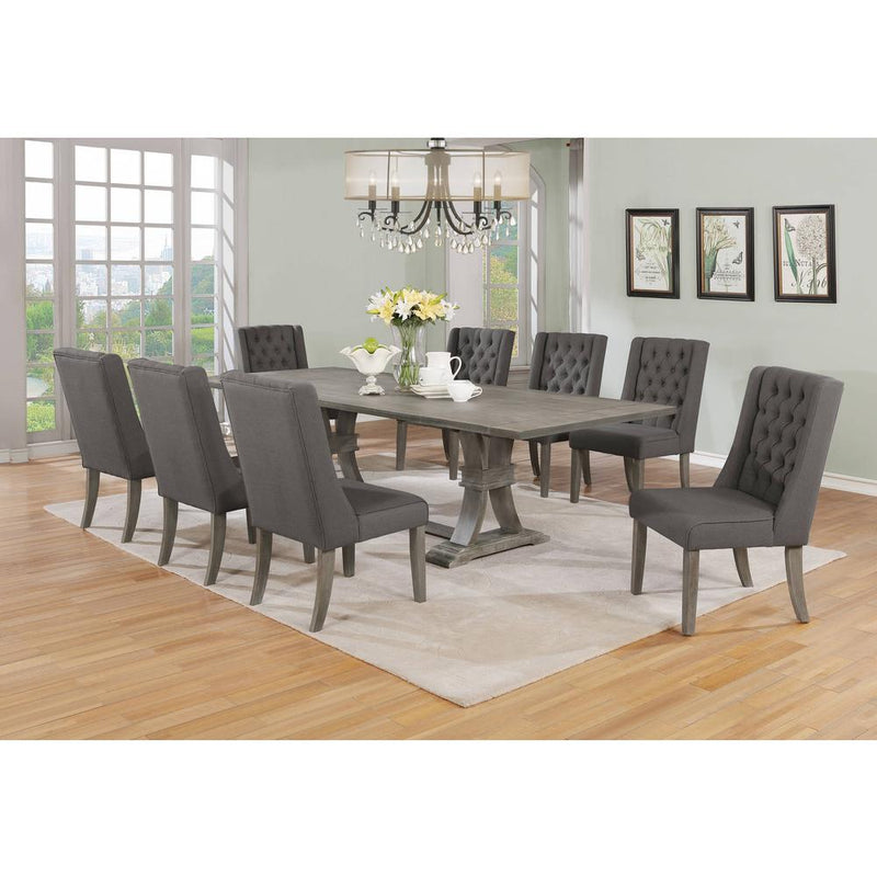 Classic 9pc Dining Set with Extendable Dining Table with Two 16" Leafs and Upholstered Chairs with Tufted Buttons.