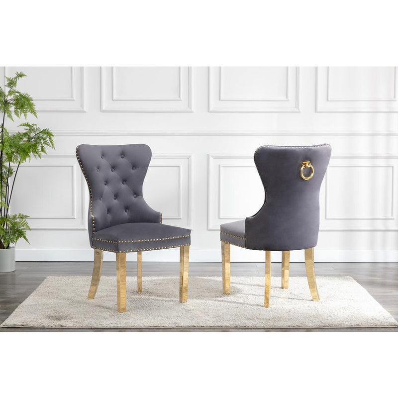 Velvet Tufted Side Chair Set of 2, Stainless Steel Gold Legs, Dark grey