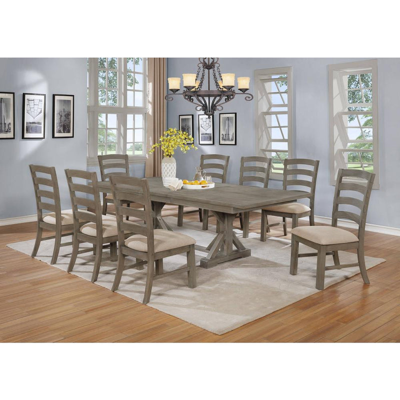 Classic 9pc Dining Set with Extendable Dining table with 18" Leaf and Wood and Linen Side Chairs