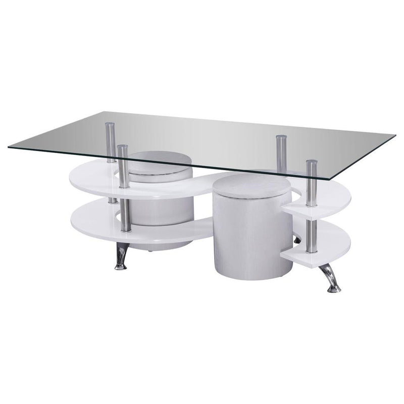 High Gloss Lacquer Coffee Table with Glass Top, Faux Leather Stools, and Stool Storage, White