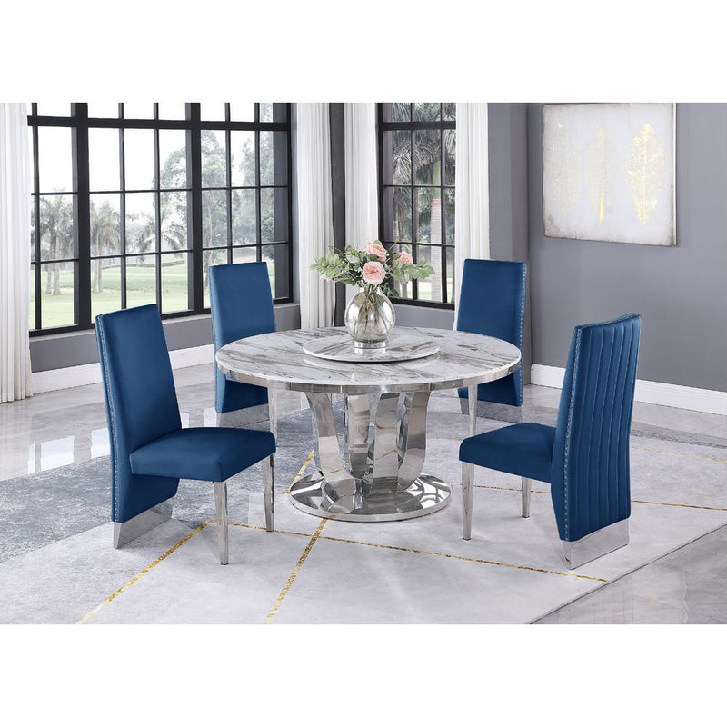 White Marble Lazy-Susan Dining Set Pleated Chairs in Navy Blue Velvet