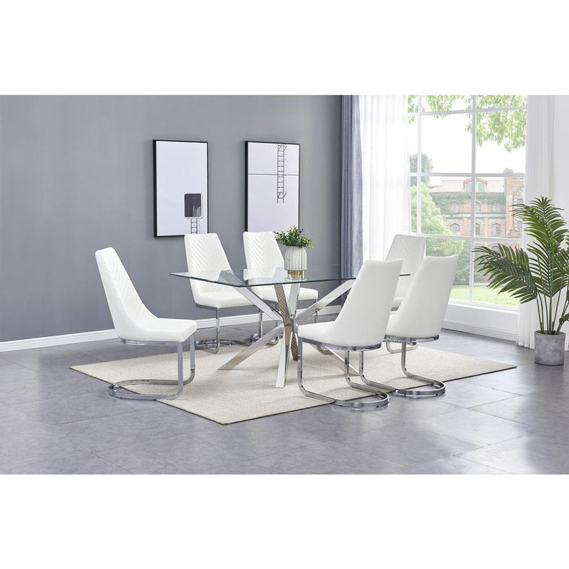 Rectangular Tempered Glass 7pc Set Chrome Chairs in White Faux Leather