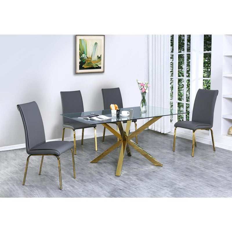 Classic 5pc Dining Set with Glass Top Dining Table & Faux Leather Side Chairs. Gray.