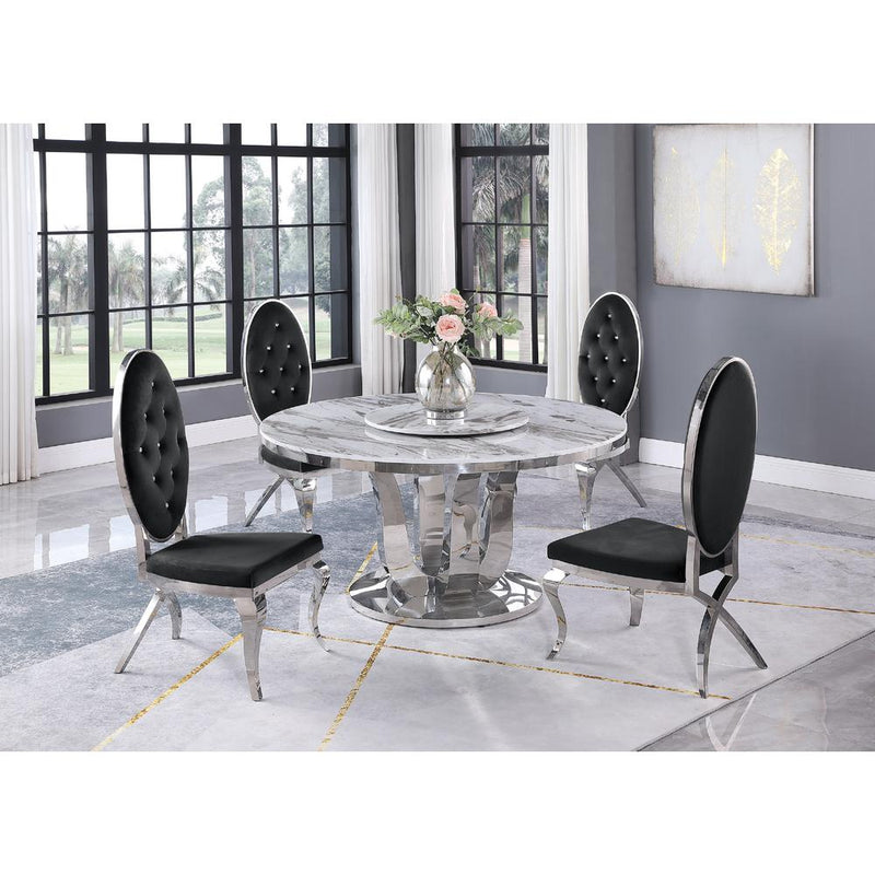 White Marble Lazy-Susan Dining Set Tufted Faux Crystal Chairs in Black Velvet