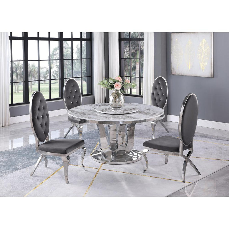 White Marble Lazy-Susan Dining Set Tufted Faux Crystal Chairs in Dark Grey Velvet