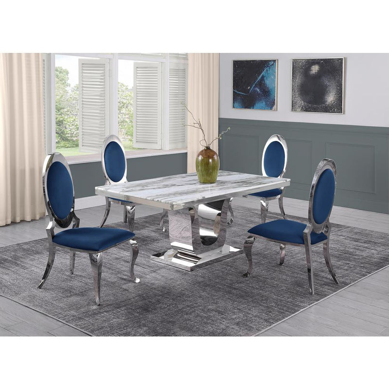 White Marble 5pc Set Stainless Steel Chairs in Navy Blue Velvet