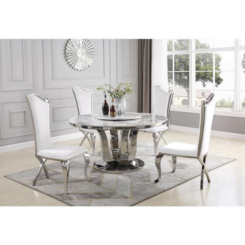 White Lazy-Susan Dining Set, Round Marble Table with White Faux Leather Chairs