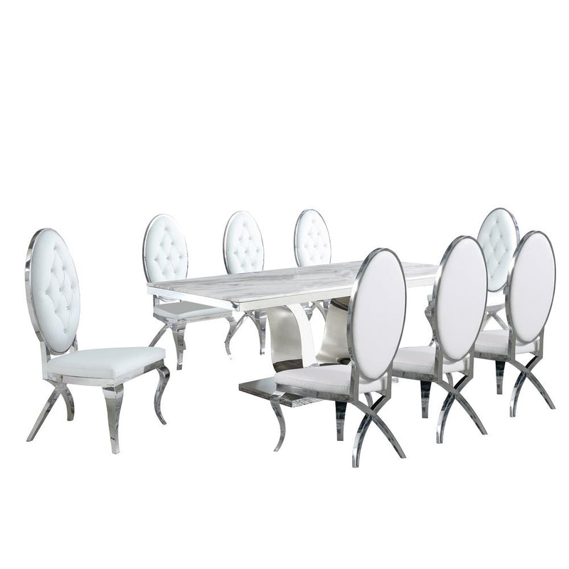 White Marble 9pc Set Tufted Faux Crystal Chairs in White Faux Leather