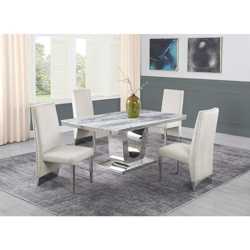 White Marble 5pc Set Pleated Chairs in Beige Velvet