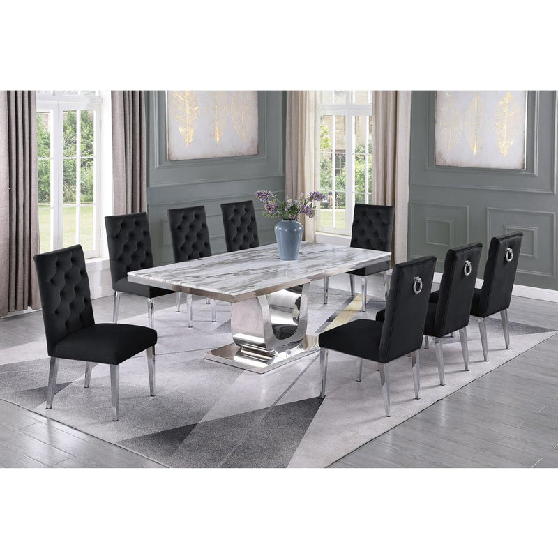 White Marble 9pc Set Tufted Ring Chairs in Black Velvet