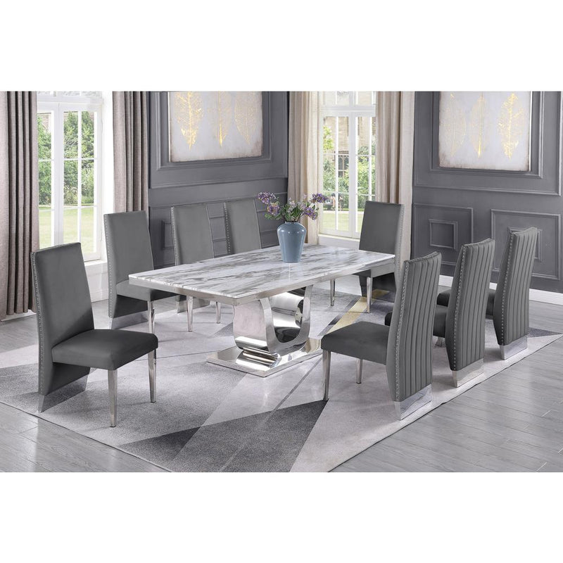 White Marble 9pc Set Pleated Chairs in Dark Grey Velvet