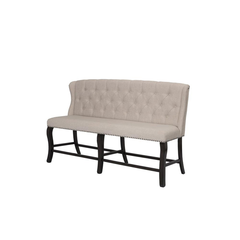 Counter Height Upholstered Bench with Backrest, Tufted Buttons, and Nailhead Trim. Beige