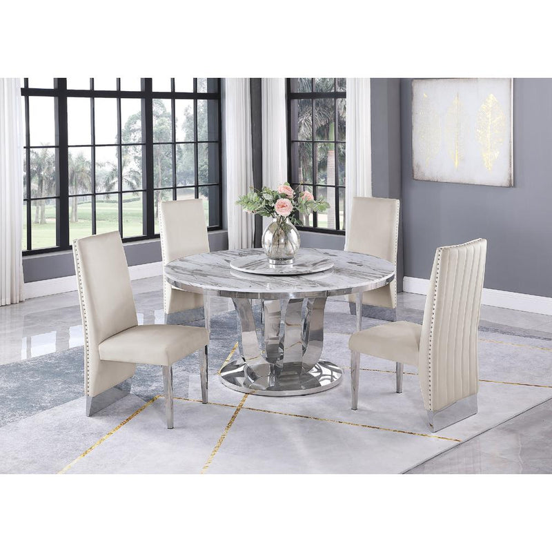 White Marble Lazy-Susan Dining Set Pleated Chairs in Beige Velvet