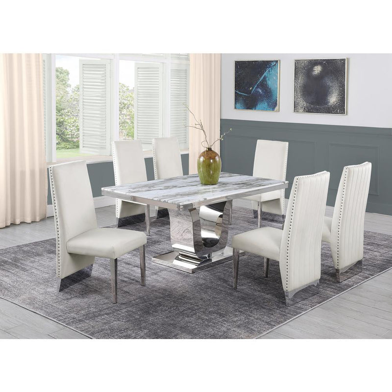 White Marble 7pc Set Pleated Chairs in Beige Velvet