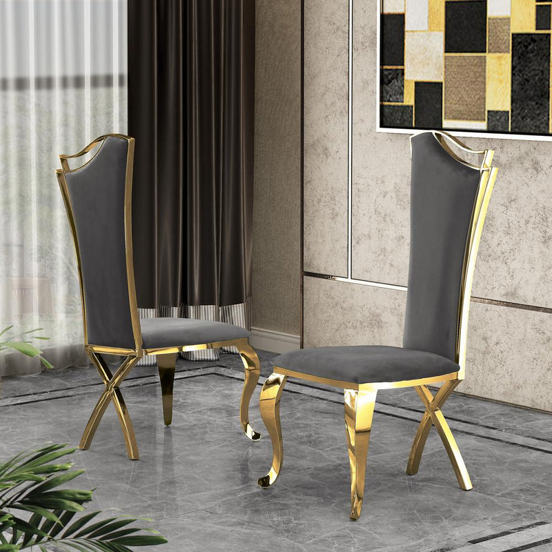 Velvet Side Chair Set of 2, Stainless Steel Gold Legs, Dark Gray