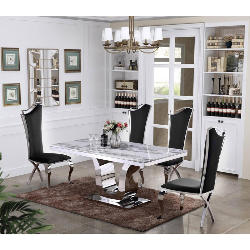 Classic 5pc Dining Set with Marble Top and Stainless Steel Base with Velvet Side Chairs