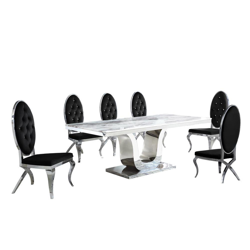 White Marble 7pc Set Tufted Faux Crystal Chairs in Black Velvet